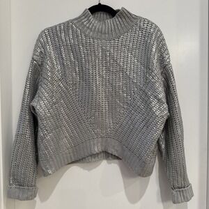 Anewsta Gray Metallic Cable Knit Sweater Clean Glam Winter Chic Size M